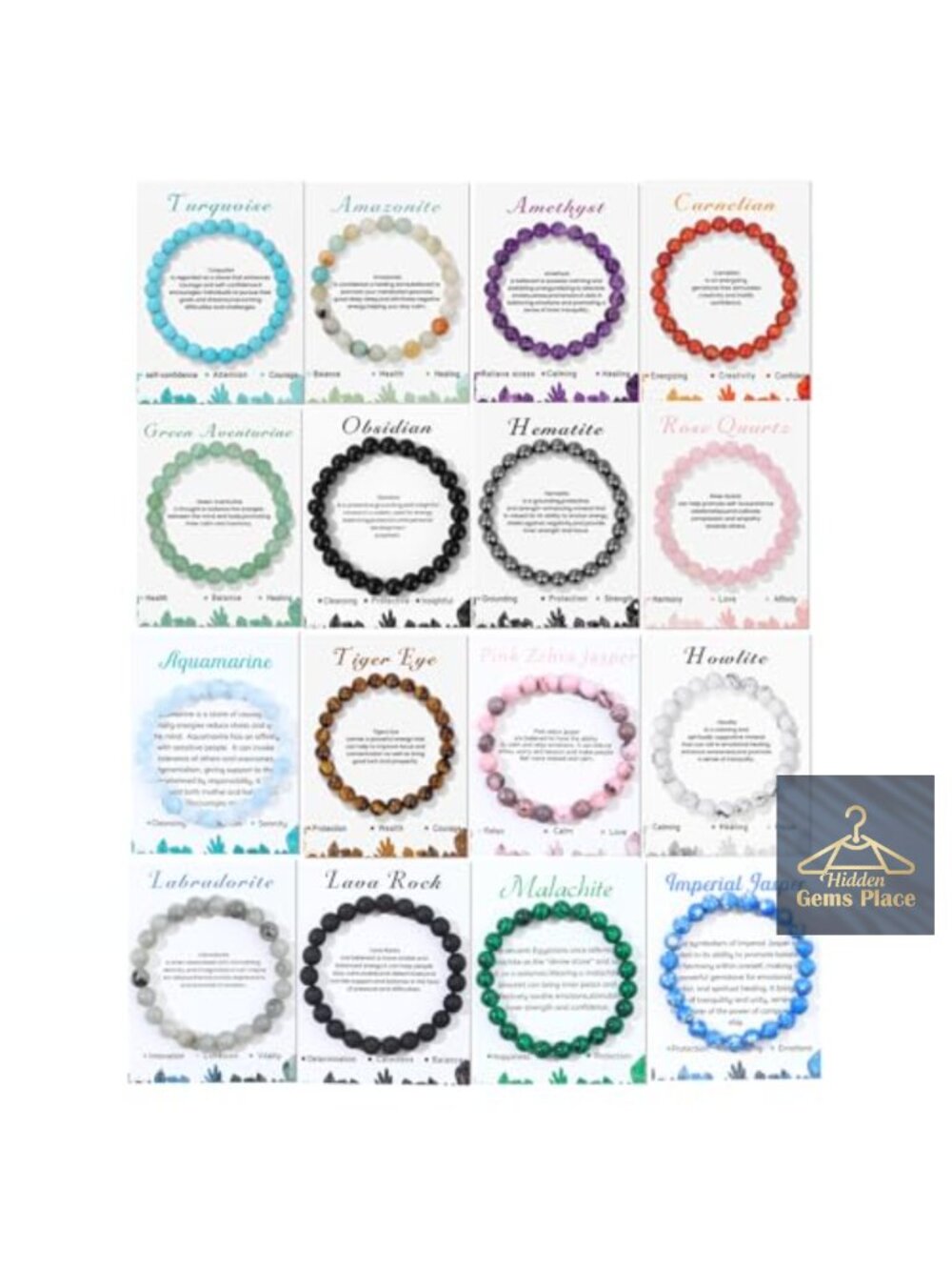 16 Natural Crystal Bracelets - 8mm Gemstone Beaded Stretch Bracelets Set Yoga